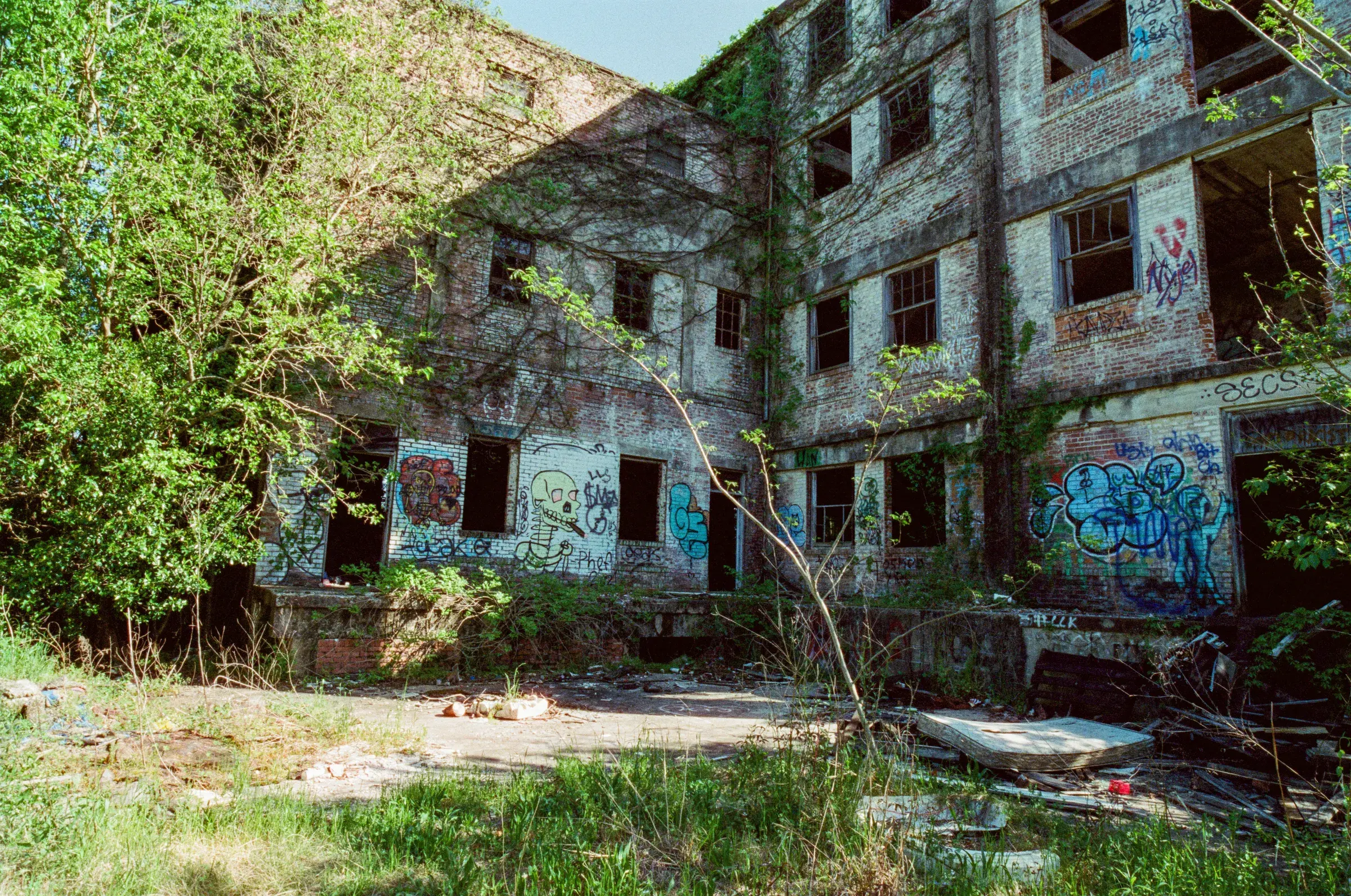 abandoned brick building four storeys high, windows broken out, vines and graffiti across the facade